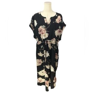 Emery Rose Black Mini Dress w/ Pink Floral Pattern & Tie at Waist (Size 2XL)